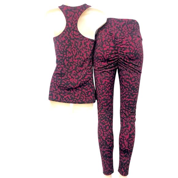 Athletic Red Black Camo Print Racerback Top and Leggings Workout Gym Outfit - Picture 2 of 16